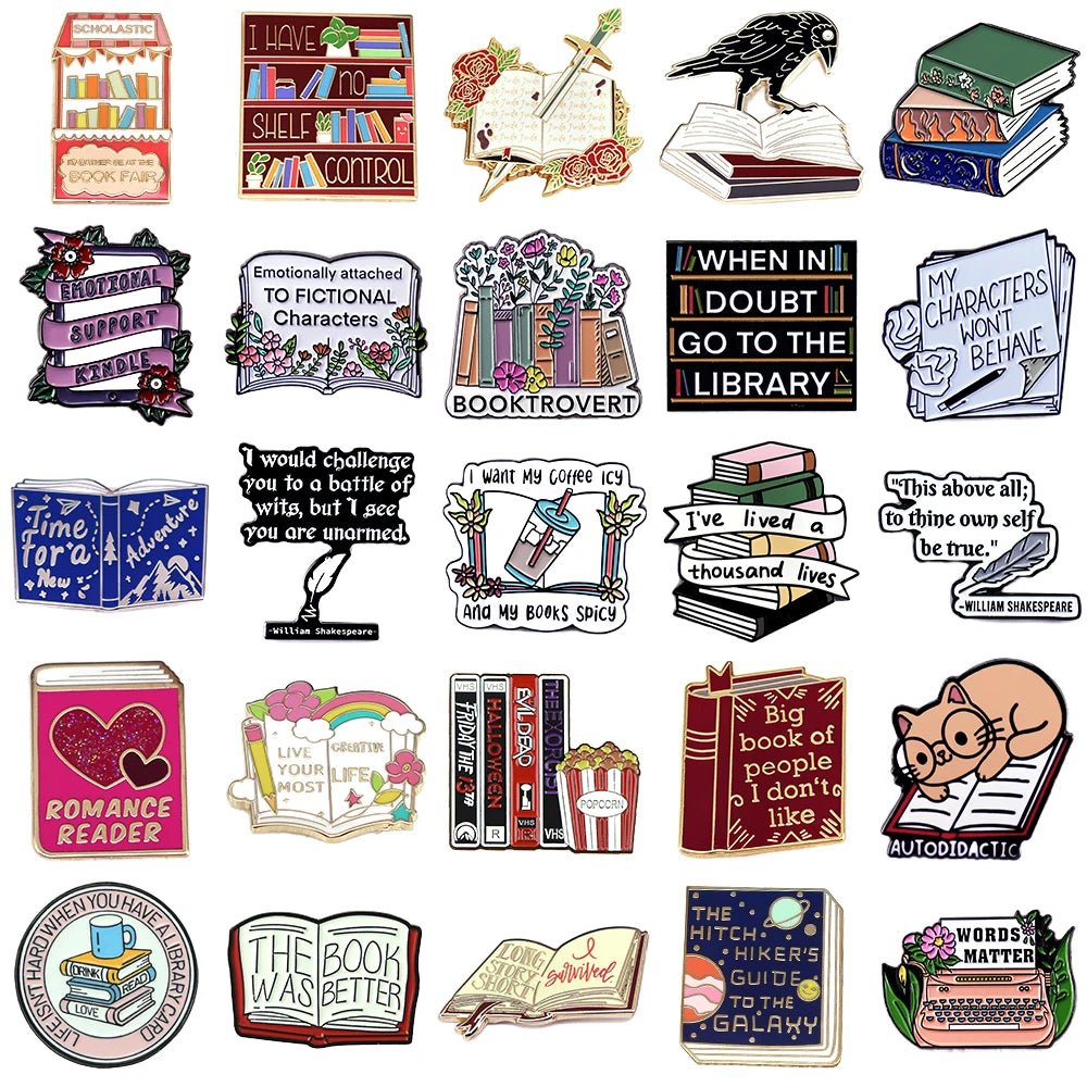 Enamel pins feature colorful illustrations of books, reading quotes, cats with books, and floral designs—perfect badges for book lovers and romance readers to celebrate their love of literature.