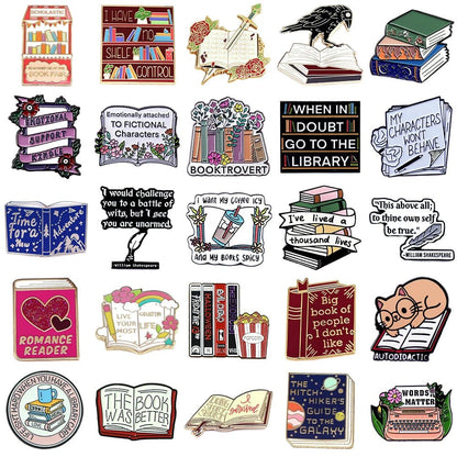 Enamel pins feature colorful illustrations of books, reading quotes, cats with books, and floral designs—perfect badges for book lovers and romance readers to celebrate their love of literature.