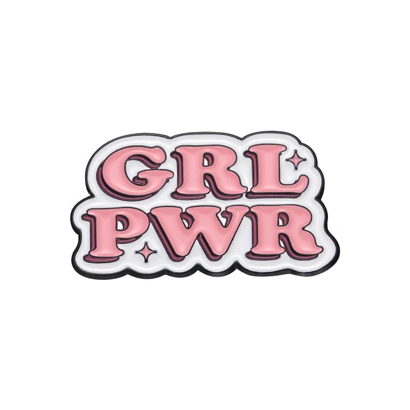 Show off your style with enamel pin featuring GRL PWR in bold pink lettering outlined in black, sparkles on a white background. A must-have accessory for fans of feminist pins!.