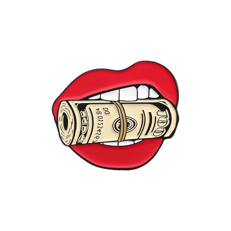 Illustration of red lips with white teeth biting a Roll—money stacked and secured with a rubber band against a plain white background.
