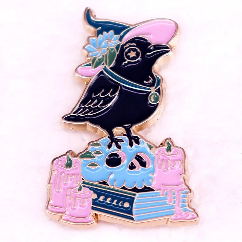 Add a touch of magic with Gothic Book Crow enamel pin—a black crow in a pink witch hat and blue flower, perched on a blue skull and book, surrounded by pink candles. Ideal for fans of mystical and Rainbow Pride Crow Pin designs.