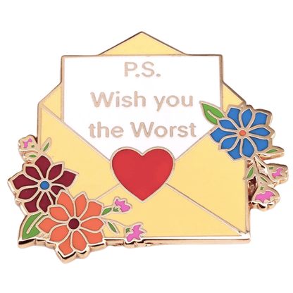 Yellow floral enamel pin is shaped like an envelope with colorful flowers, a red heart, and a playful inside note: P.S. Wish you the Worst.