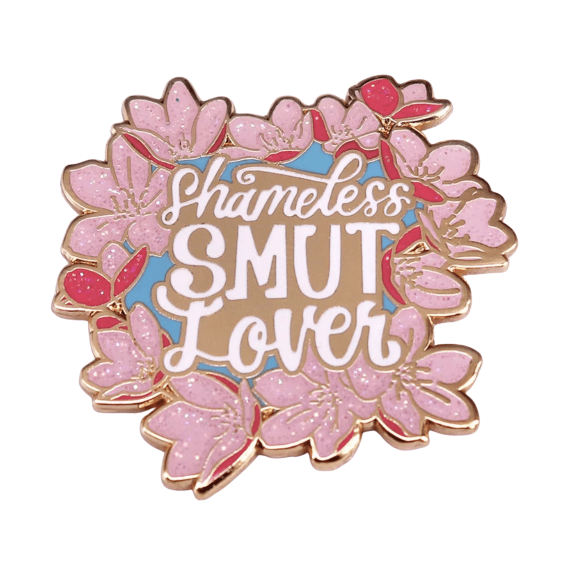 Add flair to your collection with an enamel pin—pink flowers and bold “Shameless SMUT Lover” in white and beige on blue—a playful must-have for every book lover!.