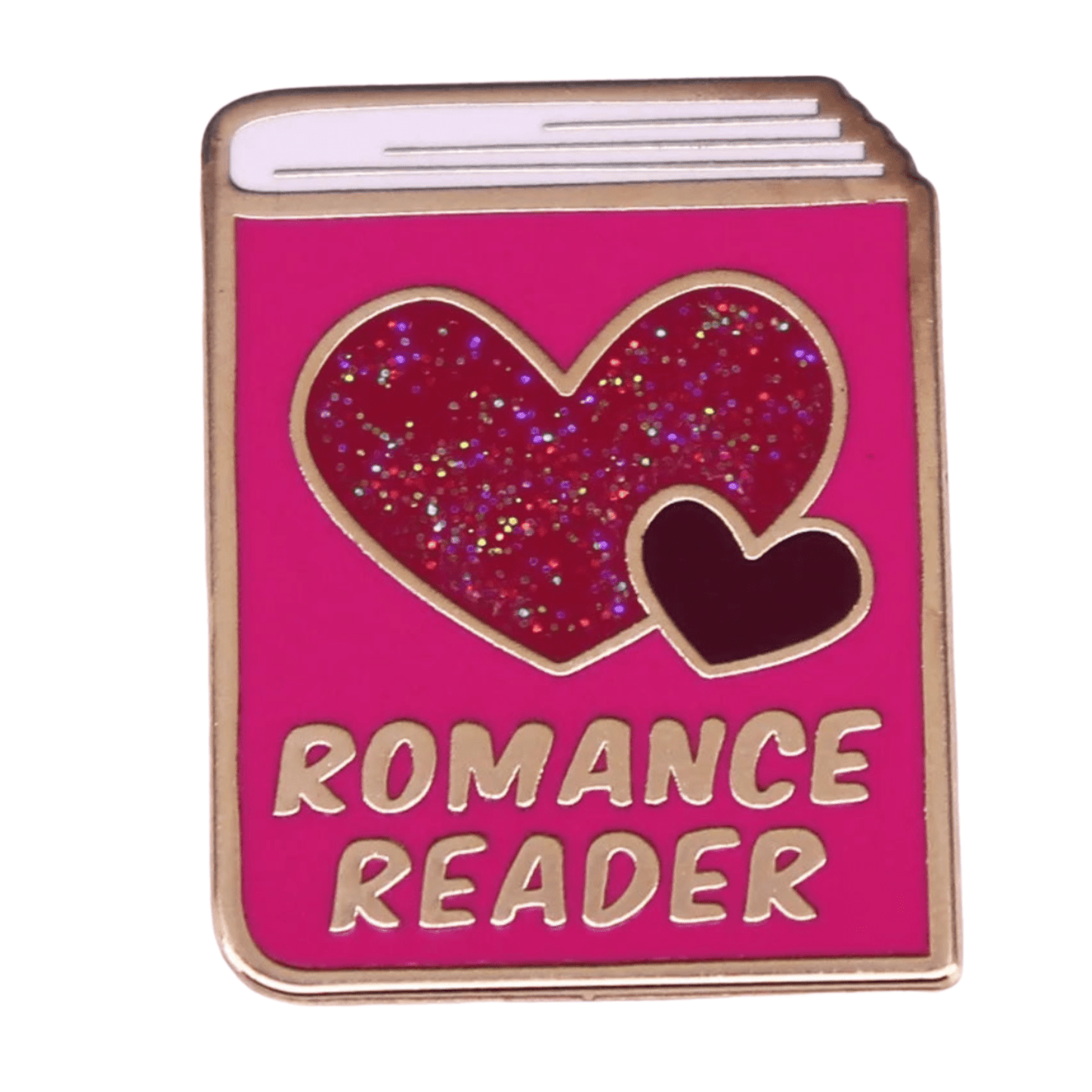 Pink enamel pin, shaped like a book with glittery red and dark red hearts and ROMANCE READER in gold at the bottom, is a charming addition to any book lovers badge collection.