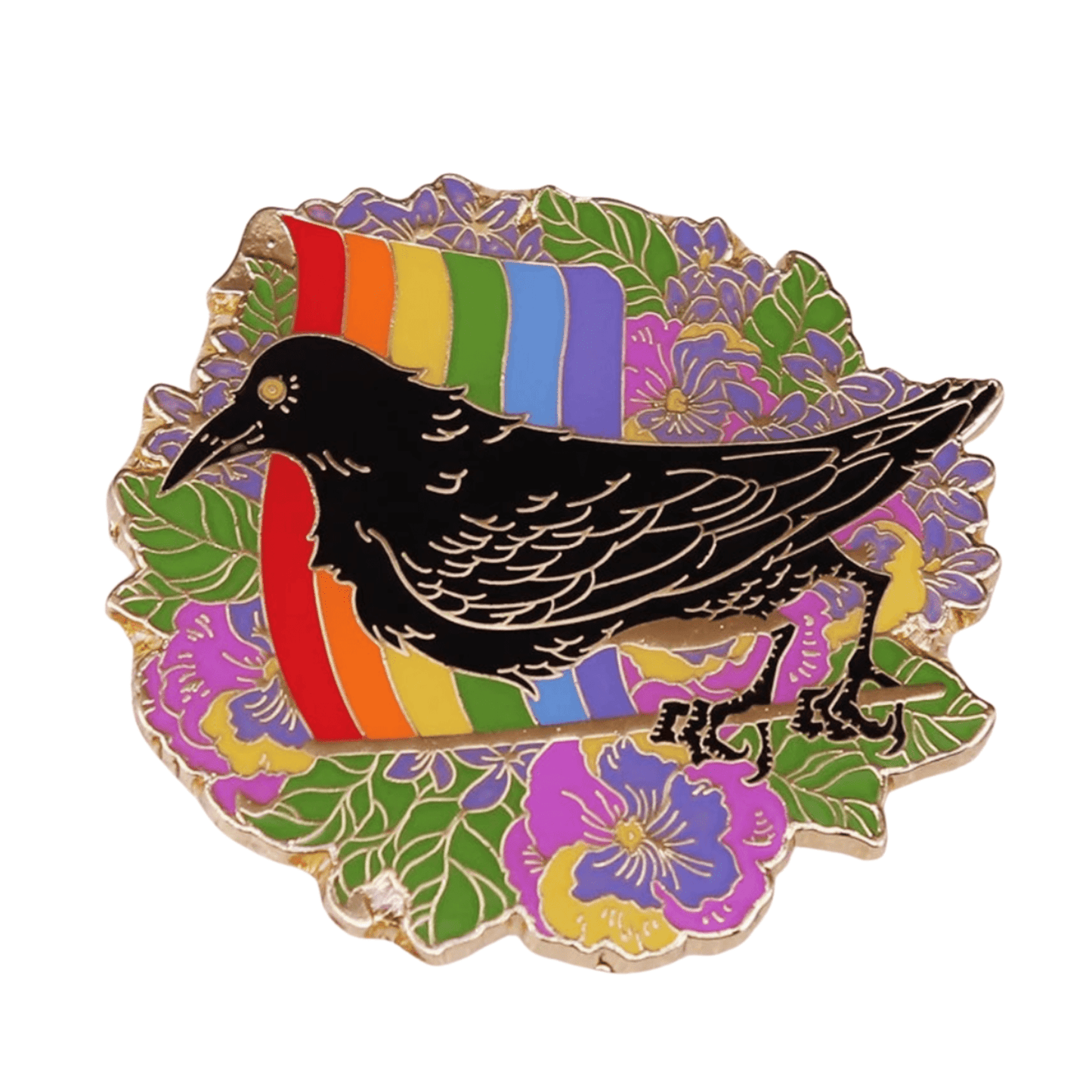 Add a touch of whimsy to your collection with the Rainbow Pride Crow Pin—an enamel pin featuring a black bird in front of a rainbow, framed by green and purple floral patterns.