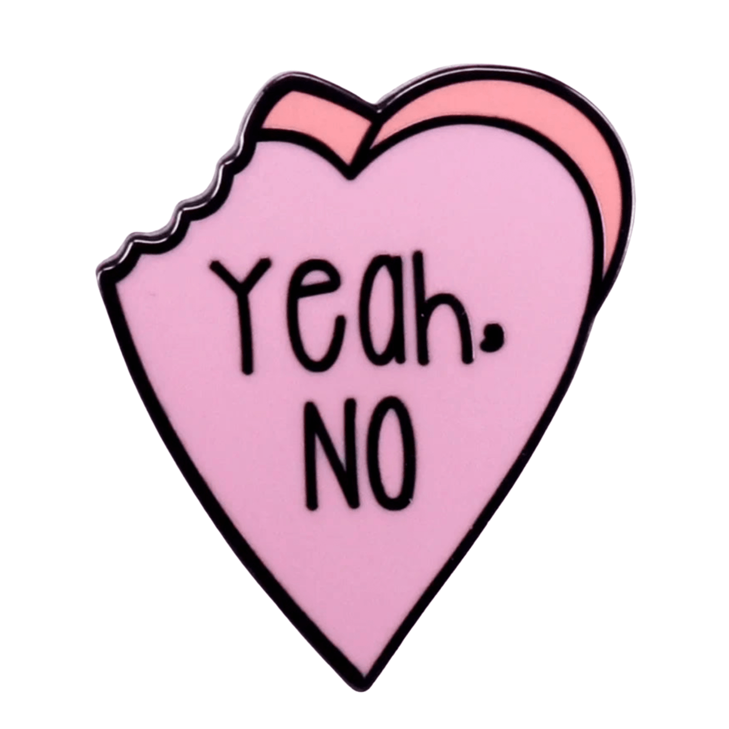 Enamel pin features a pink love heart with a bite mark and light pink outline. “Yeah. NO” in bold black text adds sass to this playful accessory, perfect for showing attitude with charm.