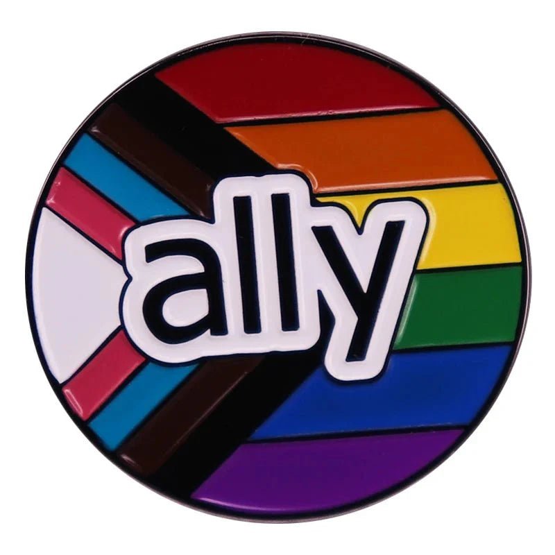 Show your support with the circular ally enamel pin, featuring ally over a vibrant progress pride flag. Inclusive design with rainbow colors—plus, we offer worldwide shipping!.