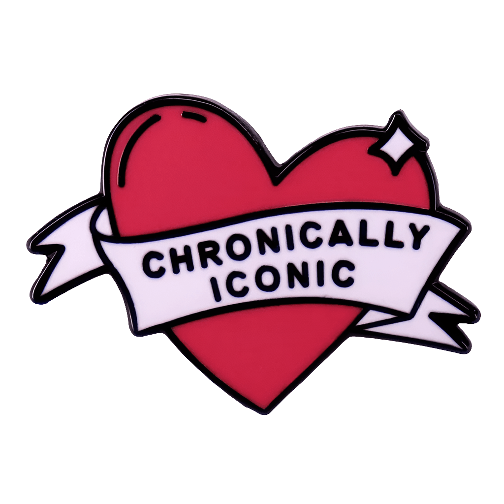 Show your bold self-love with My Cutesy Era’s enamel pin—a red heart with a white “CHRONICALLY ICONIC” banner and cute sparkle, celebrating intersectional feminism in style.