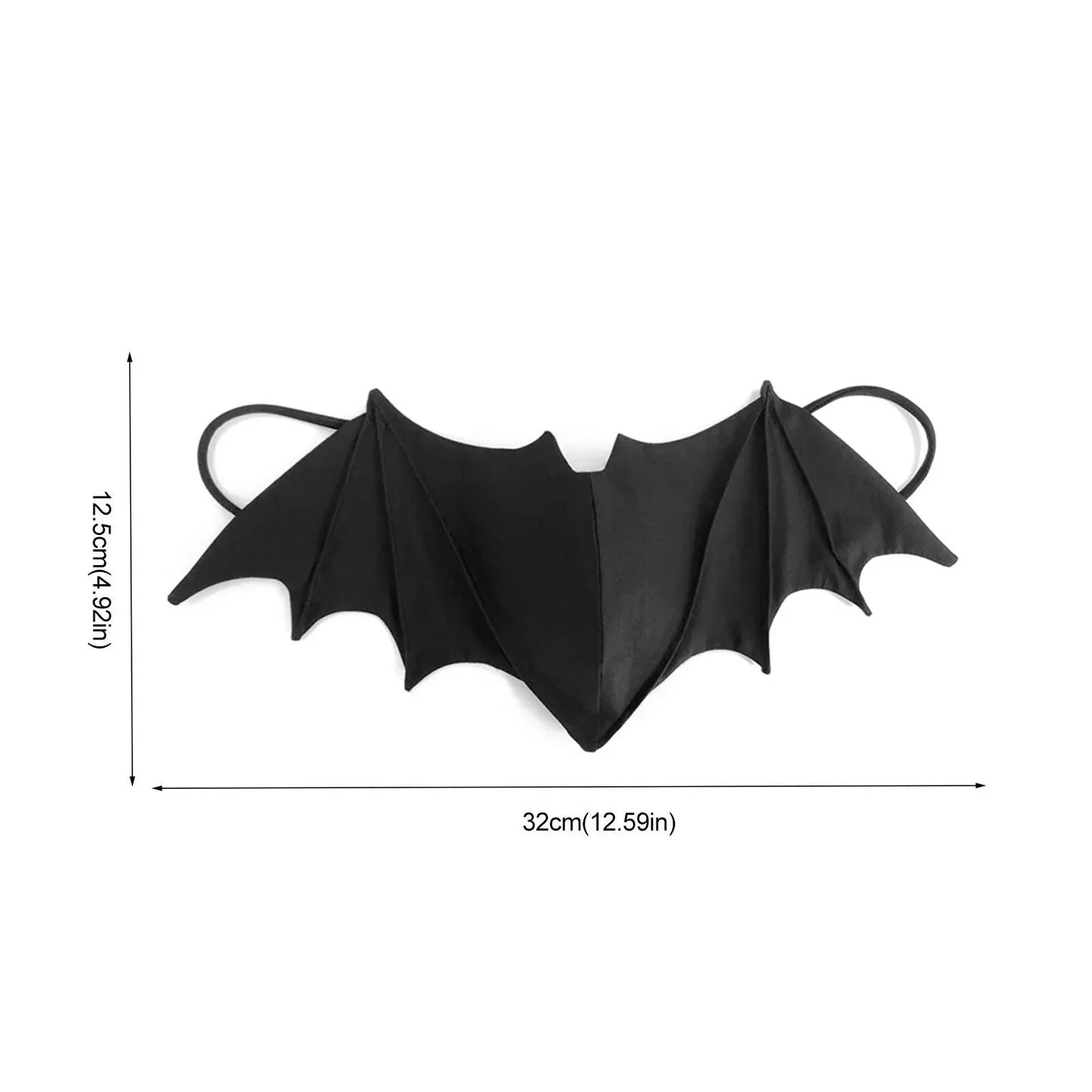 A Gay Skate black bat mask with pointed wings and ear loops, made of reusable cloth, measures about 32 cm wide by 12.5 cm tall and is shown on a white background with labeled measurements.