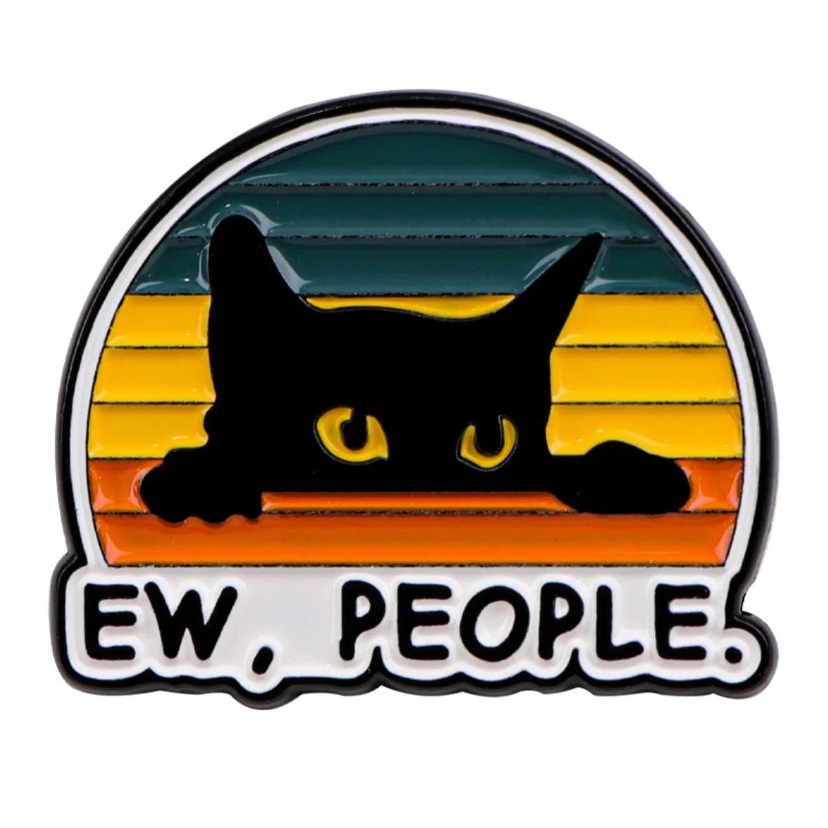 black cat enamel pin peeks over a ledge with a striped green, yellow, and orange background and EW, PEOPLE. at the bottom. Perfect for cat lovers—worldwide shipping available!.