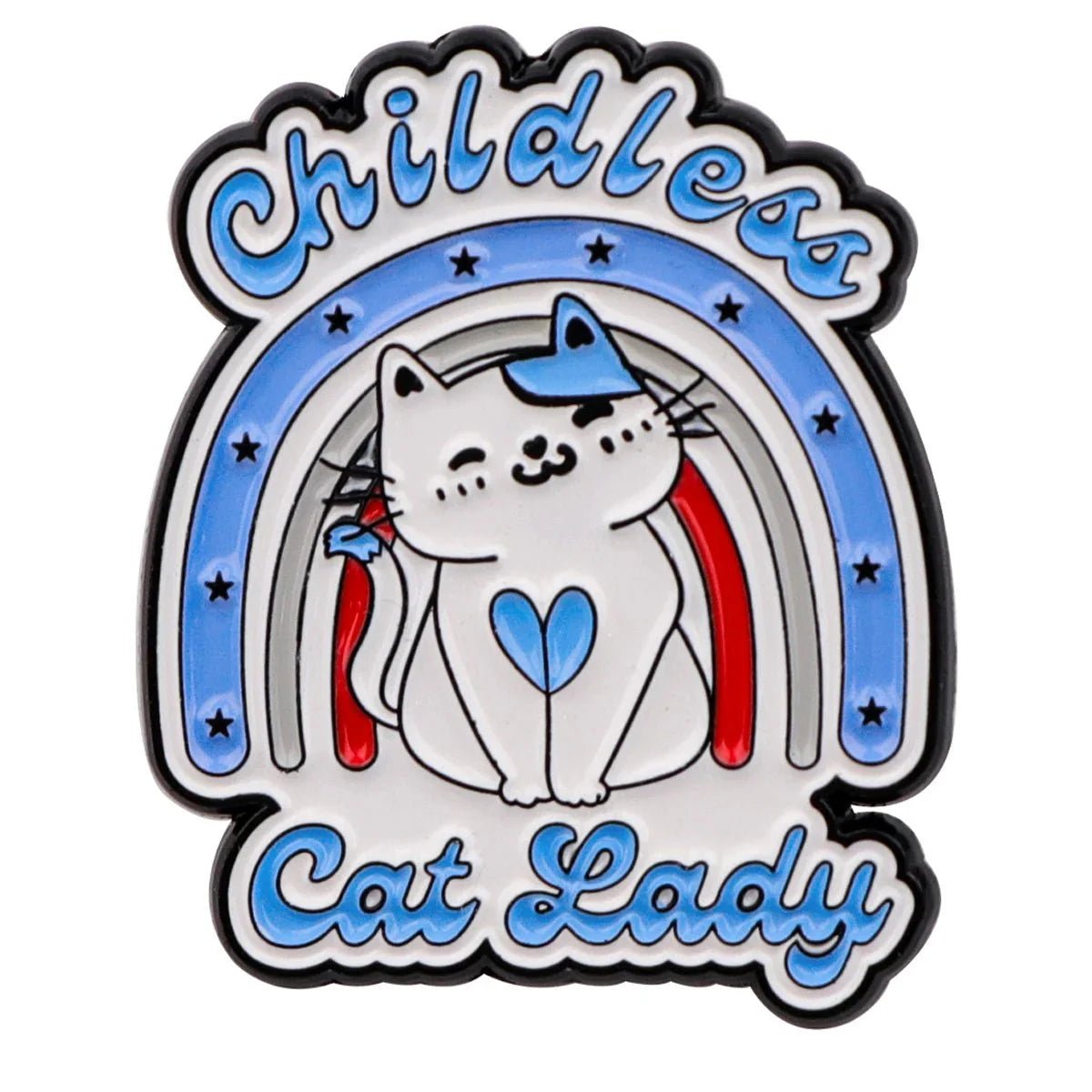Cat enamel pin features a smiling white cat with a blue heart, rainbow accents, and the phrase Childless Cat Lady. Enjoy worldwide shipping!.