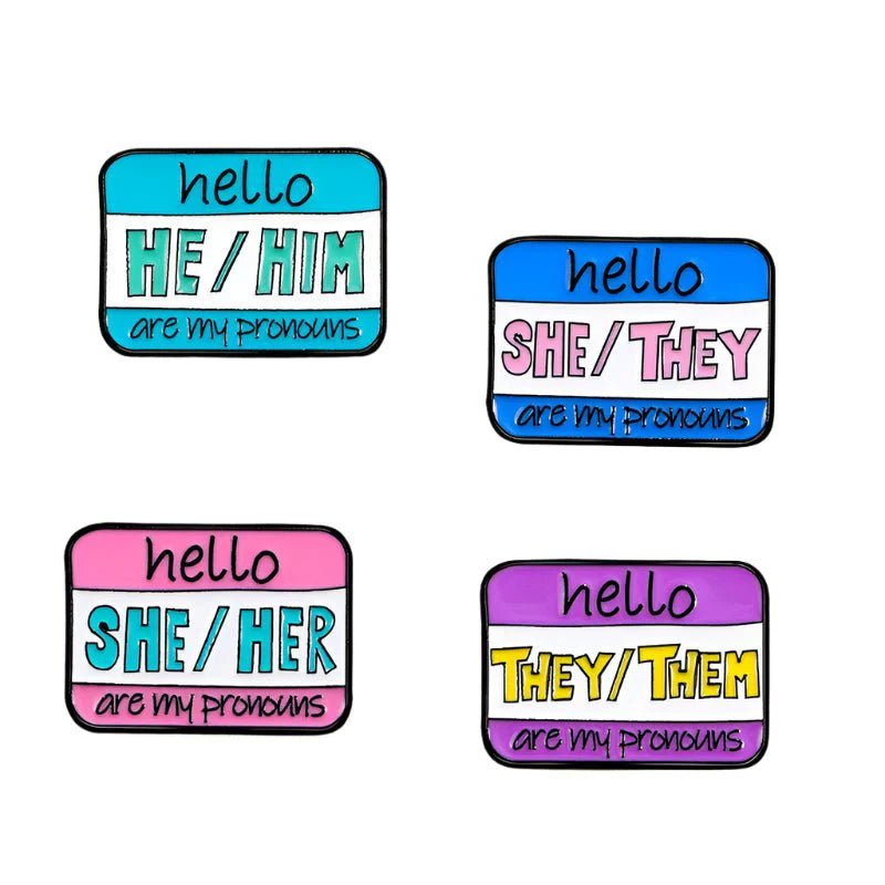 Set of four colorful pronoun pins includes: “hello he/him,” “hello she/they,” “hello she/her,” and “hello they/them” are my pronouns. Perfect for everyone—worldwide shipping available!.