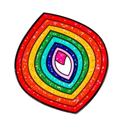 Glitter Rainbow Vulva enamel pin features bold, irregular concentric layers in red, orange, yellow, green, blue, and pink with black outlines and glitter. Enjoy standout style—worldwide shipping available!.