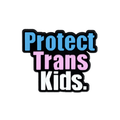 Protect Trans Kids jibbitz in blue, pink, and white, echoing the Trans Flag. The vibrant look celebrates transgender pride on a transparent background—ideal for pairing with other pride charms.