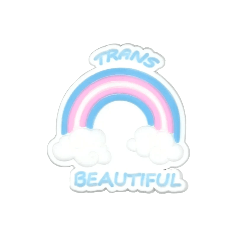 A pastel rainbow with pink, blue, and white stripes arches between two clouds, representing the Trans Flag. TRANS is above, BEAUTIFUL below in light blue bubble letters. 