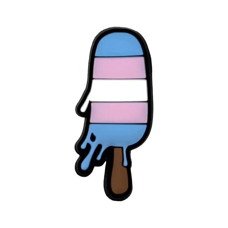 An illustration by Kiss Me Later of a popsicle with blue, pink, and white stripes for the Trans Flag, partially melting on a brown stick, adorned with pride charms accents, set against a green background.