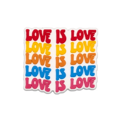 Kiss Me Laters vibrant sticker features the repeating phrase LOVE IS LOVE in red, orange, yellow, and blue across three columns and four rows on white—perfect for celebrating Pride or showing support for the Rainbow Flag.