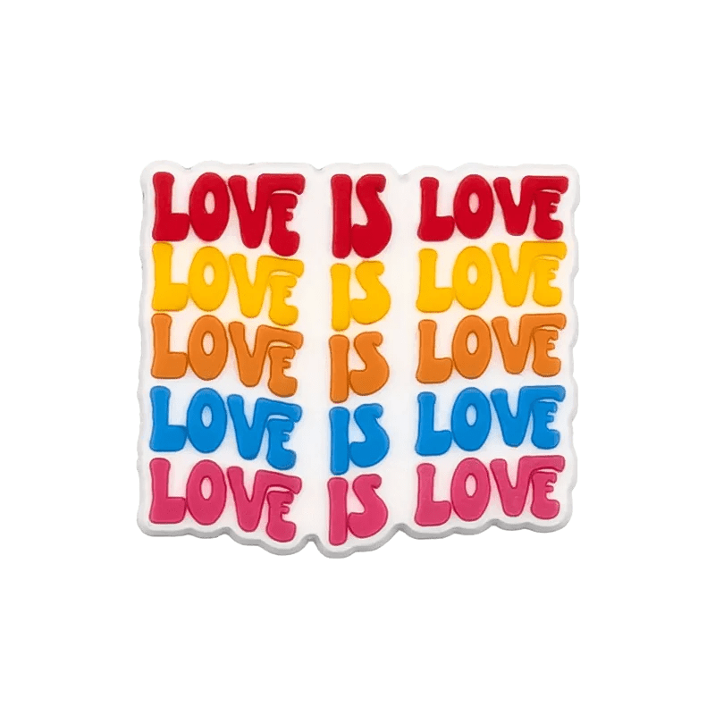 Kiss Me Later sticker features LOVE IS LOVE repeated five times in bold red, orange, yellow, blue, and pink on white—each row inspired by the Rainbow Flag—perfect for adding a vibrant pride touch to your collection.