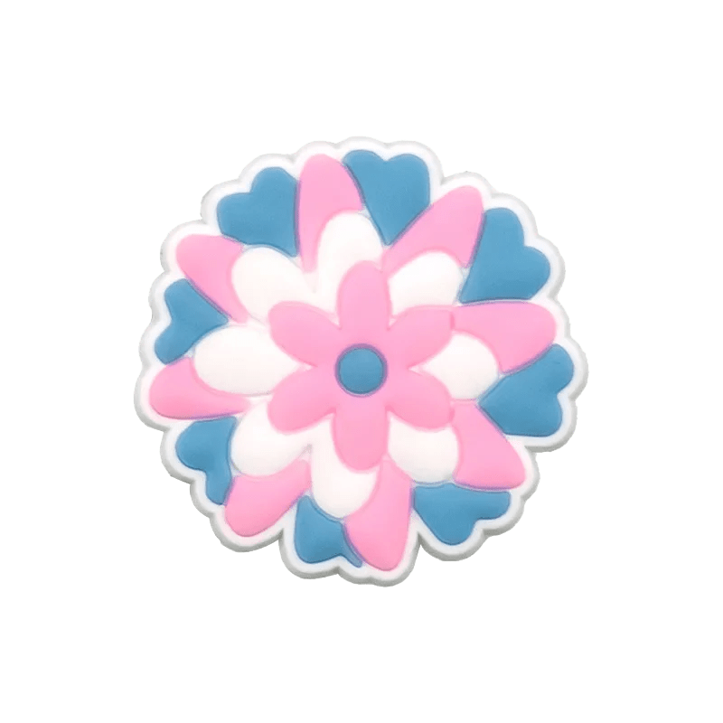Add a splash of pride to your collection with Kiss Me Later’s round flower charm, featuring overlapping blue, white, and pink petals inspired by the Trans Flag and a blue center on a plain transparent background.