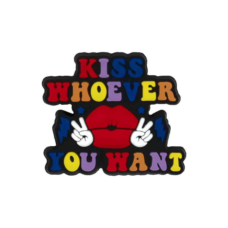 A vibrant graphic by Kiss Me Later with bold “Kiss Whoever You Want” text, red lips, peace sign hands, and pride Rainbow Flag charms—perfect for celebrating love in style.
