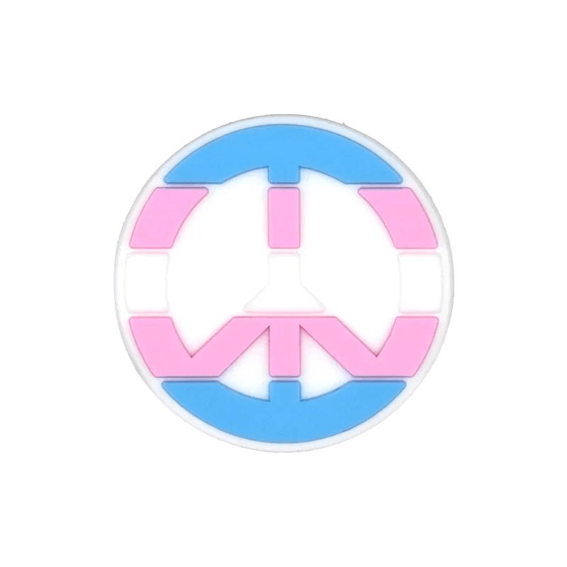 A round peace symbol in Trans Flag colors—light blue on top, pink on the bottom—on a transparent background by Kiss Me Later, perfect for pride charms or accessories.
