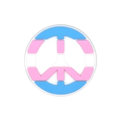 A round peace symbol in Trans Flag colors—light blue on top, pink on the bottom—on a transparent background by Kiss Me Later, perfect for pride charms or accessories.
