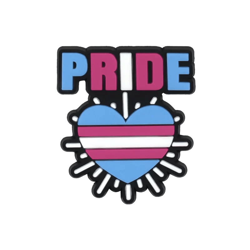 A Kiss Me Later graphic displays PRIDE above a heart in Trans Flag colors—blue, pink, and white—with radiant white rays, celebrating unity and echoing the spirit of the Rainbow Flag.