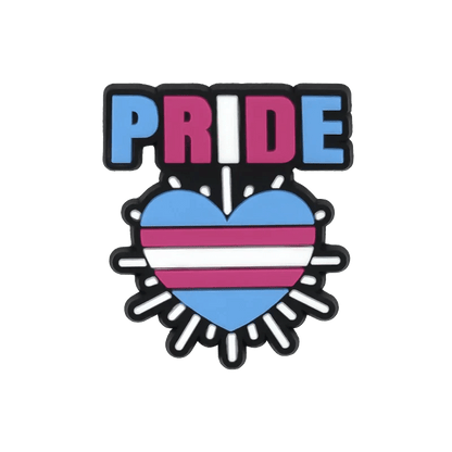 The image features PRIDE above a heart with Trans Flag colors—blue, pink, and white. Shining with rays, this Kiss Me Later design is perfect for pride charms that celebrate every identity.