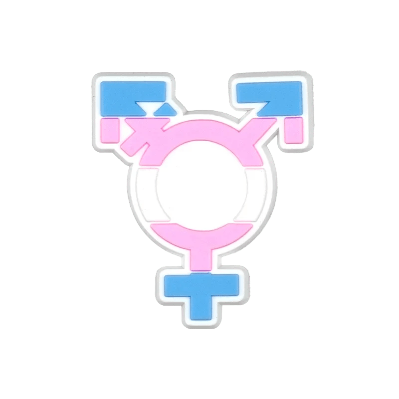 A Kiss Me Later charm featuring male (blue), female (pink), and transgender (Trans Flag colors) symbols around a central white circle—perfect for pride accessories.