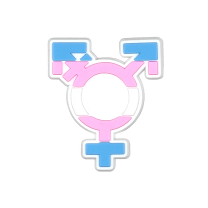 A Kiss Me Later charm featuring male (blue), female (pink), and transgender (Trans Flag colors) symbols around a central white circle—perfect for pride accessories.