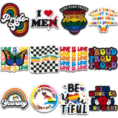 Kiss Me Later offers vibrant LGBTQ+ stickers with pride charms, Rainbow and Trans Flags, hearts, butterflies, and affirming slogans like Pride, Love is love, Proud, and Kiss whoever you want.