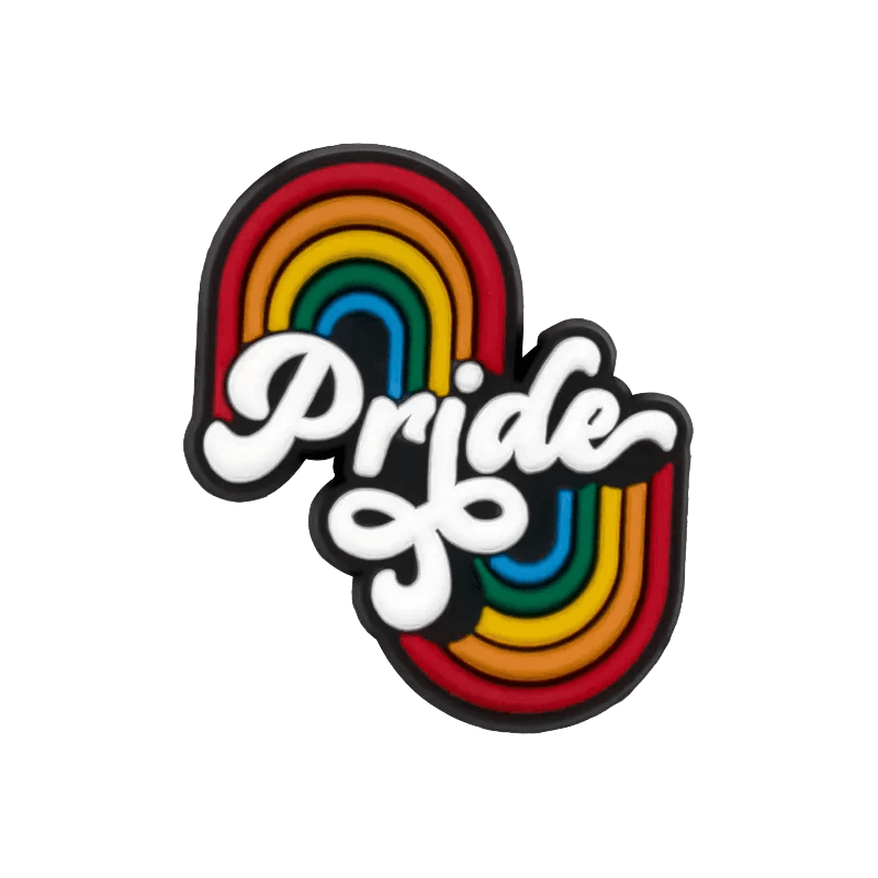 A Kiss Me Later pin with Pride in white cursive over a rainbow flag (red, orange, yellow, green, blue), symbolizing LGBTQ+ pride and inclusivity—perfect to pair with your favorite pride charms.