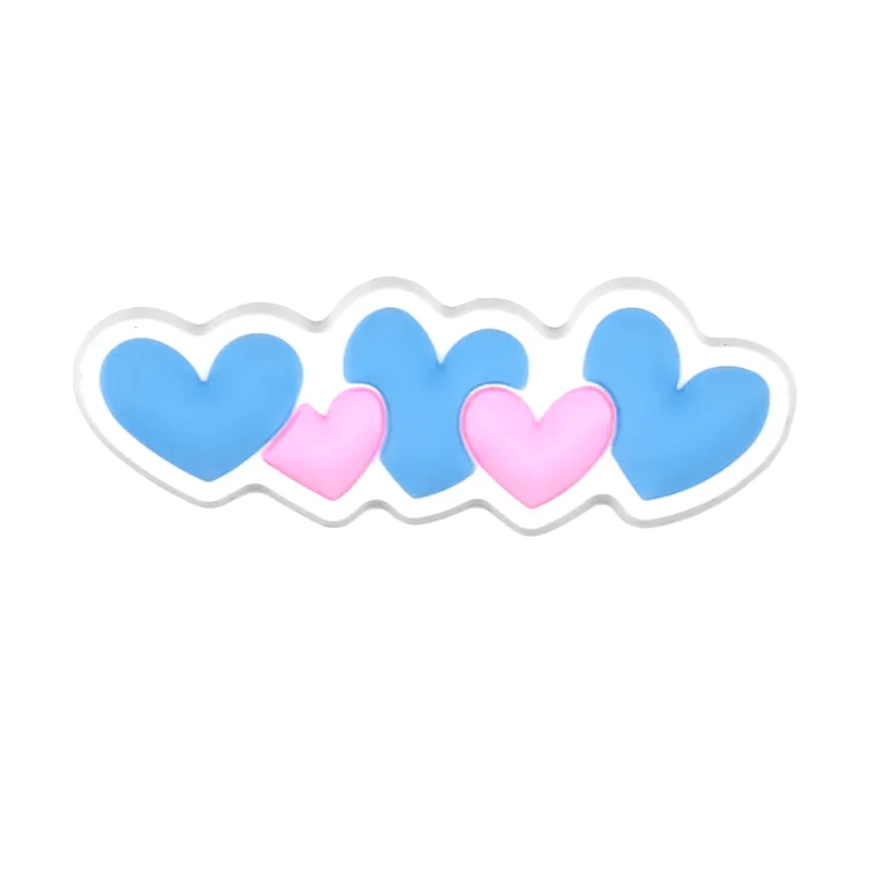 A Kiss Me Later sticker with five hearts—three blue and two pink—in a playful, alternating pattern on a white outline, inspired by the Trans Flag.