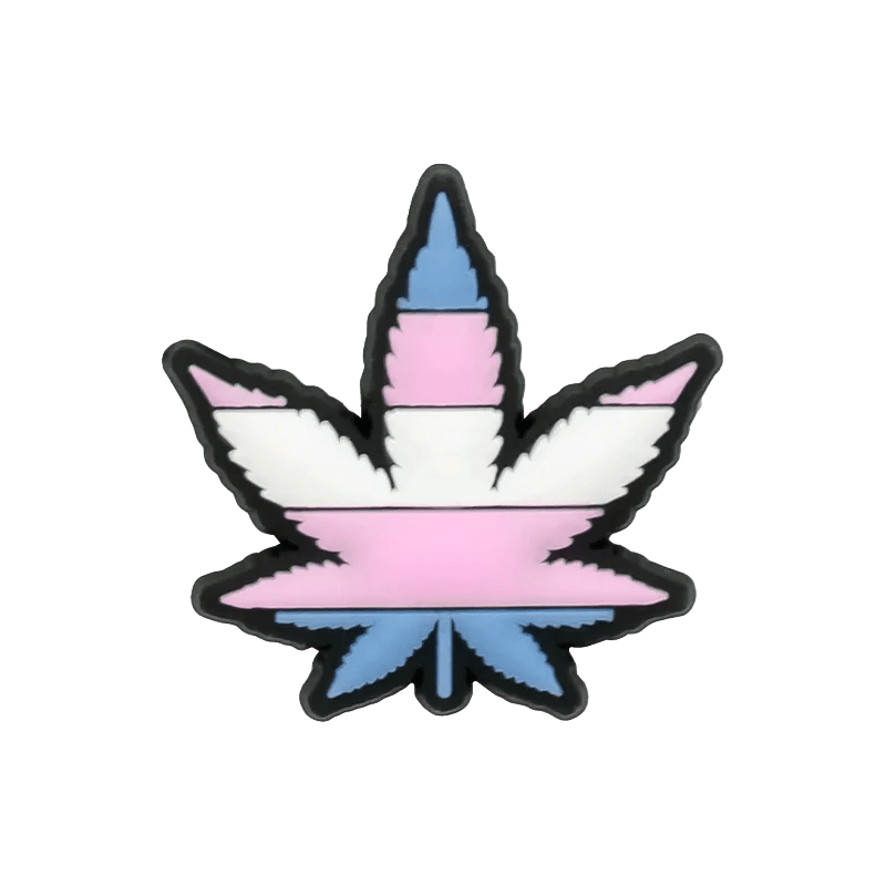 weed leaf jibbitz features the Trans Flag colors—light blue, pink, and white stripes—outlined in black. It’s a perfect addition to your pride charms collection.