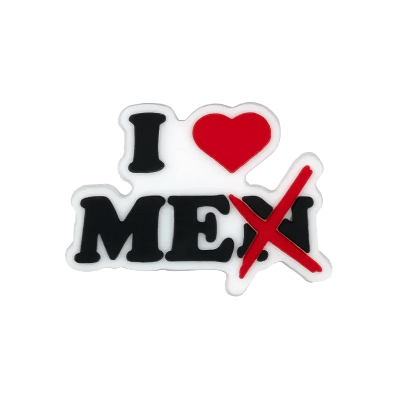 Kiss Me Later sticker featuring I ♥ ME with the X in MEX crossed out in red, leaving I ♥ ME visible. The heart and cross are red; text is black and white on a transparent background—ideal for pride charm pairings.