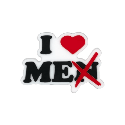 Kiss Me Later sticker featuring I ♥ ME with the X in MEX crossed out in red, leaving I ♥ ME visible. The heart and cross are red; text is black and white on a transparent background—ideal for pride charm pairings.