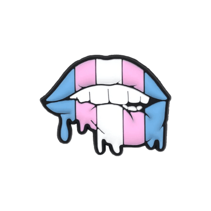 An illustration by Kiss Me Later features lips biting the lower lip with dripping paint in Trans Flag colors—light blue, pink, and white. The vertical stripes celebrate pride charms and vibrant LGBTQ+ identity.