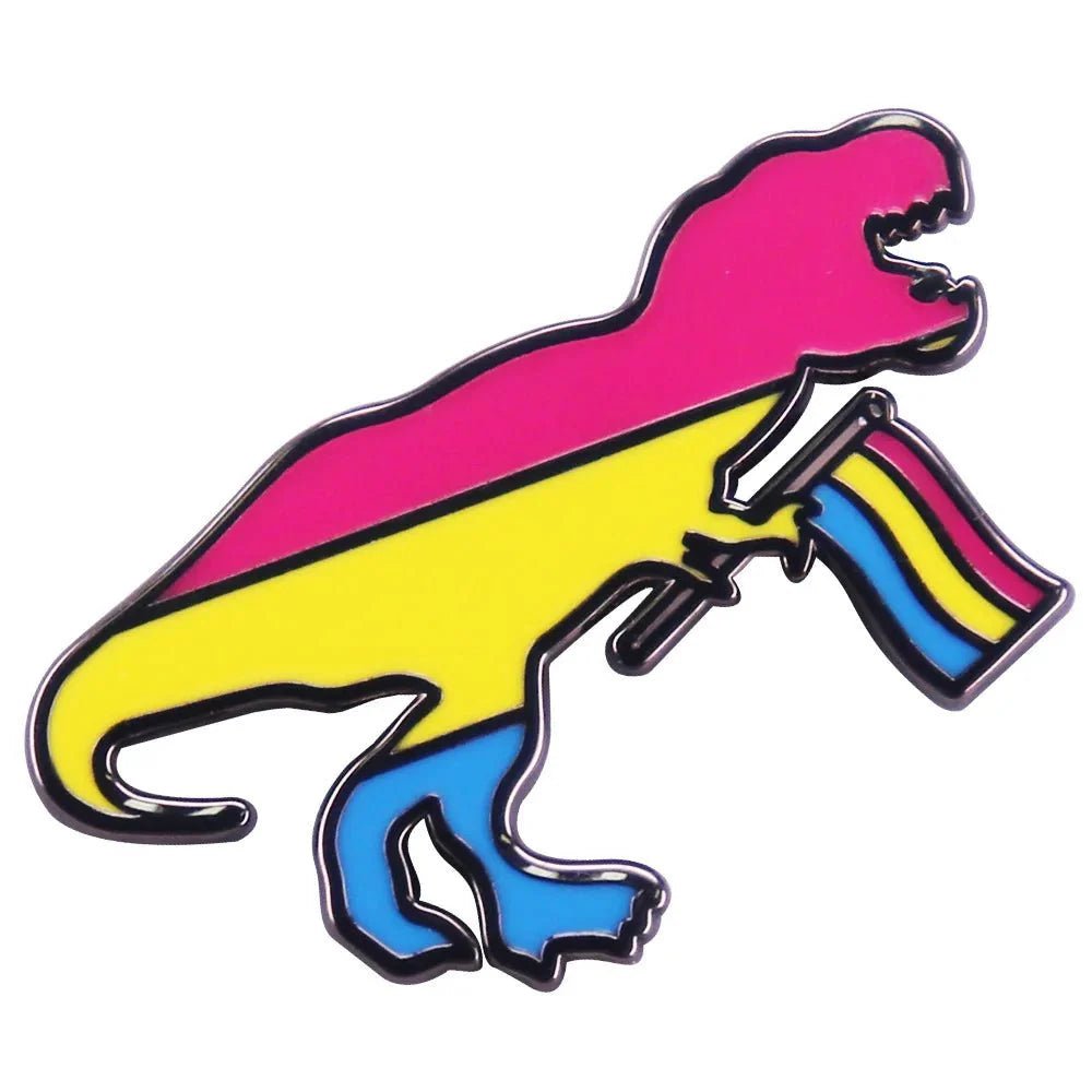Pansexual Pride Enamel Badge is a cute dinosaur-shaped pin in pansexual flag colors, holding a matching flag—perfect for showing your pride with playful charm.