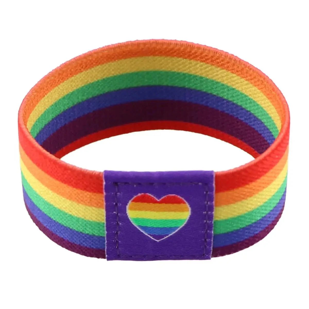 Show your Pride with Gay Skate’s vibrant fabric wristband—featuring horizontal rainbow stripes and a purple patch with a heart-shaped cutout that reveals the rainbow colors beneath. A bold accessory for celebrating the rainbow flag!.