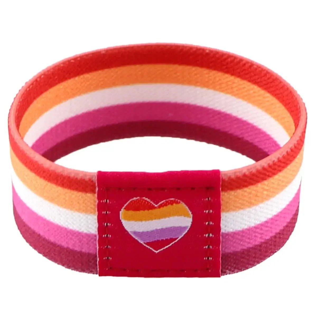 A fabric wristband from Gay Skate with horizontal stripes in red, orange, white, and pink, plus a matching striped heart patch on the front—a subtle Pride accessory inspired by the rainbow flag.