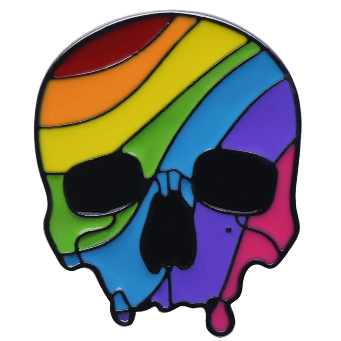 A stylized Rainbow pride skull pin  featuring vibrant curved rainbow colors, bold black outlines, and a dripping effect. Available as an enamel pin with worldwide shipping!.