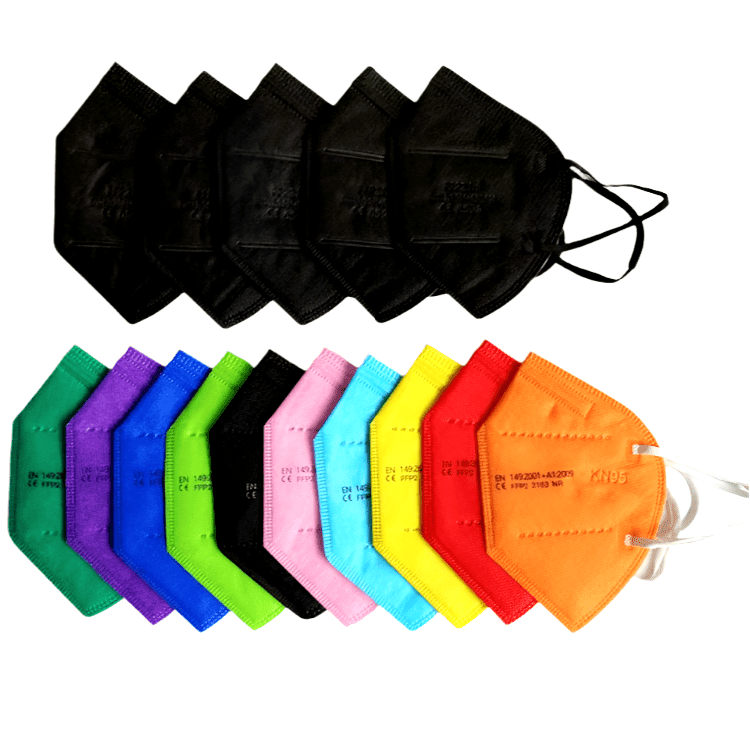 Four black Kiss Me Later KN95 face masks are arranged above nine colorful masks (purple, blue, green, black, pink, light pink, yellow, red, orange), all on a white background—an ideal bulk buy option from the Kiss Me Later brand.