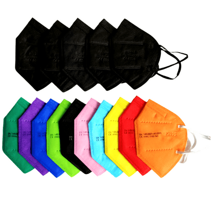 Four black Kiss Me Later KN95 face masks are arranged above nine colorful masks (purple, blue, green, black, pink, light pink, yellow, red, orange), all on a white background—an ideal bulk buy option from the Kiss Me Later brand.