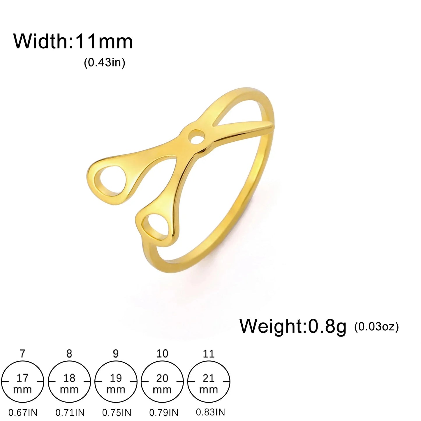 Gold Scissor Ring, shaped like scissors, measures 11mm wide and weighs 0.8g—perfect for those seeking unique sapphic pride accessories. Size guide with ring diameters (inches/mm) is shown below.