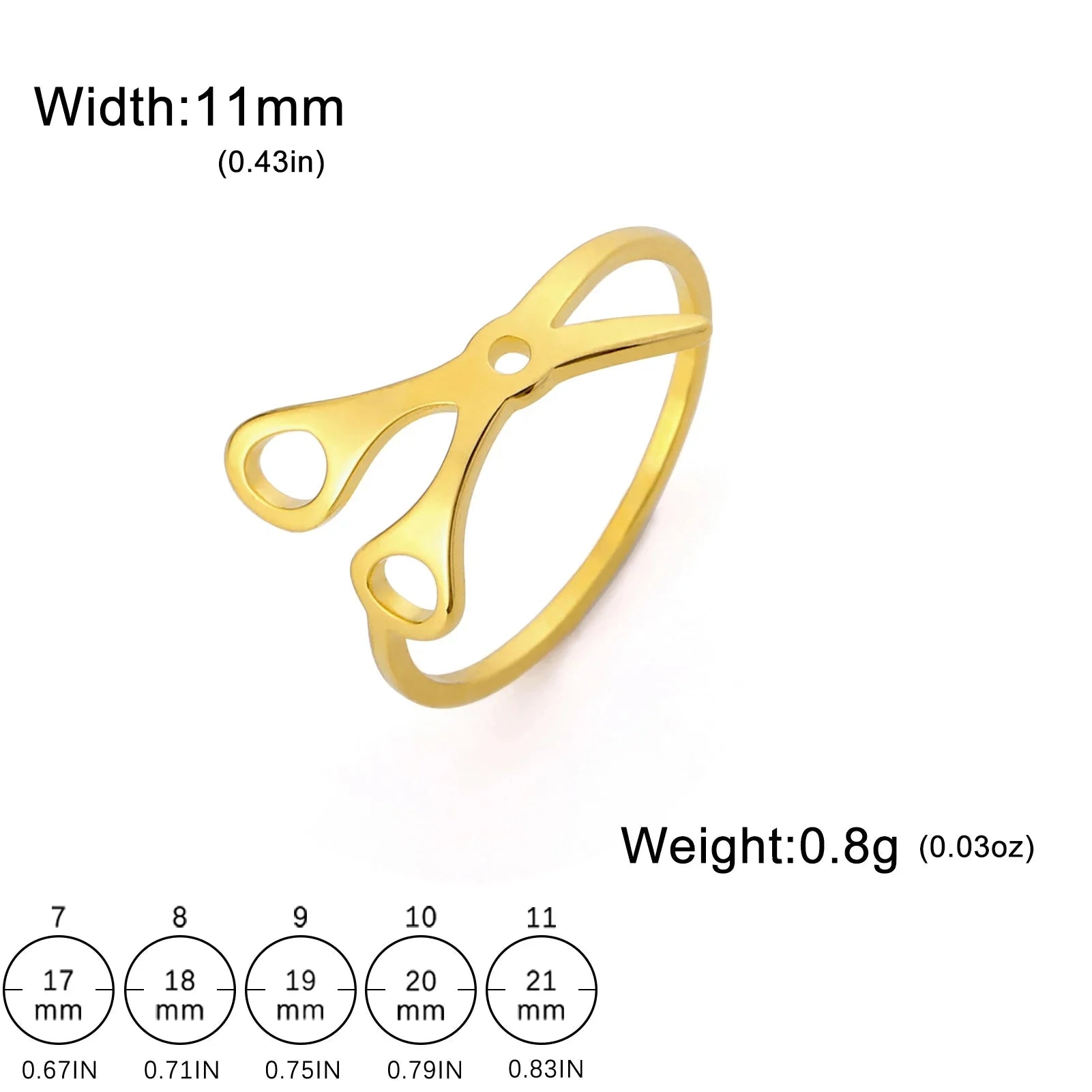 Gold Scissor Ring, shaped like scissors, measures 11mm wide and weighs 0.8g—perfect for those seeking unique sapphic pride accessories. Size guide with ring diameters (inches/mm) is shown below.