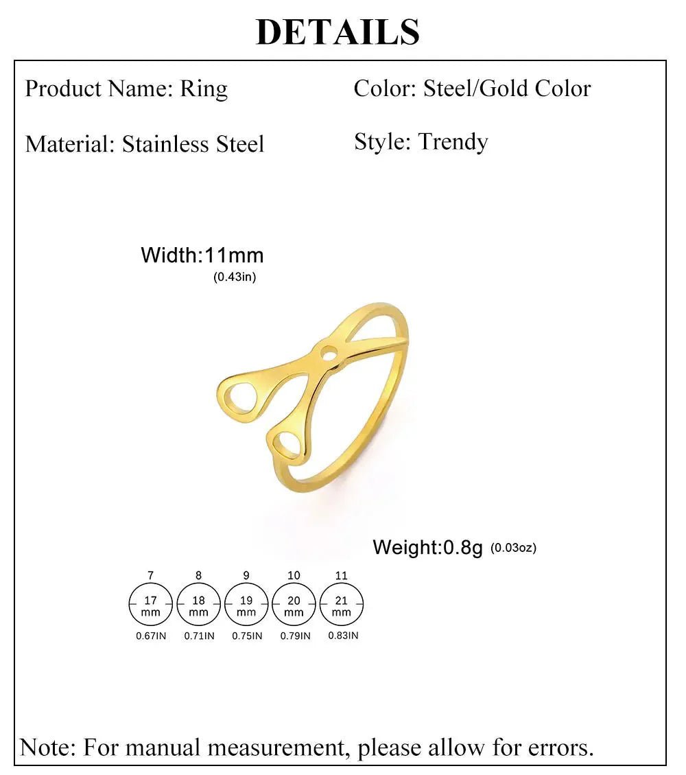 Gold-colored Scissor Ring is a trendy stainless steel piece, 11mm wide and 0.8g in weight—perfect sapphic pride accessory. Features size chart and labeled details on a white background