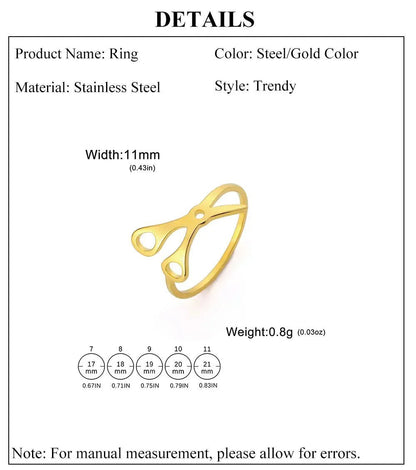 Gold-colored Scissor Ring is a trendy stainless steel piece, 11mm wide and 0.8g in weight—perfect sapphic pride accessory. Features size chart and labeled details on a white background