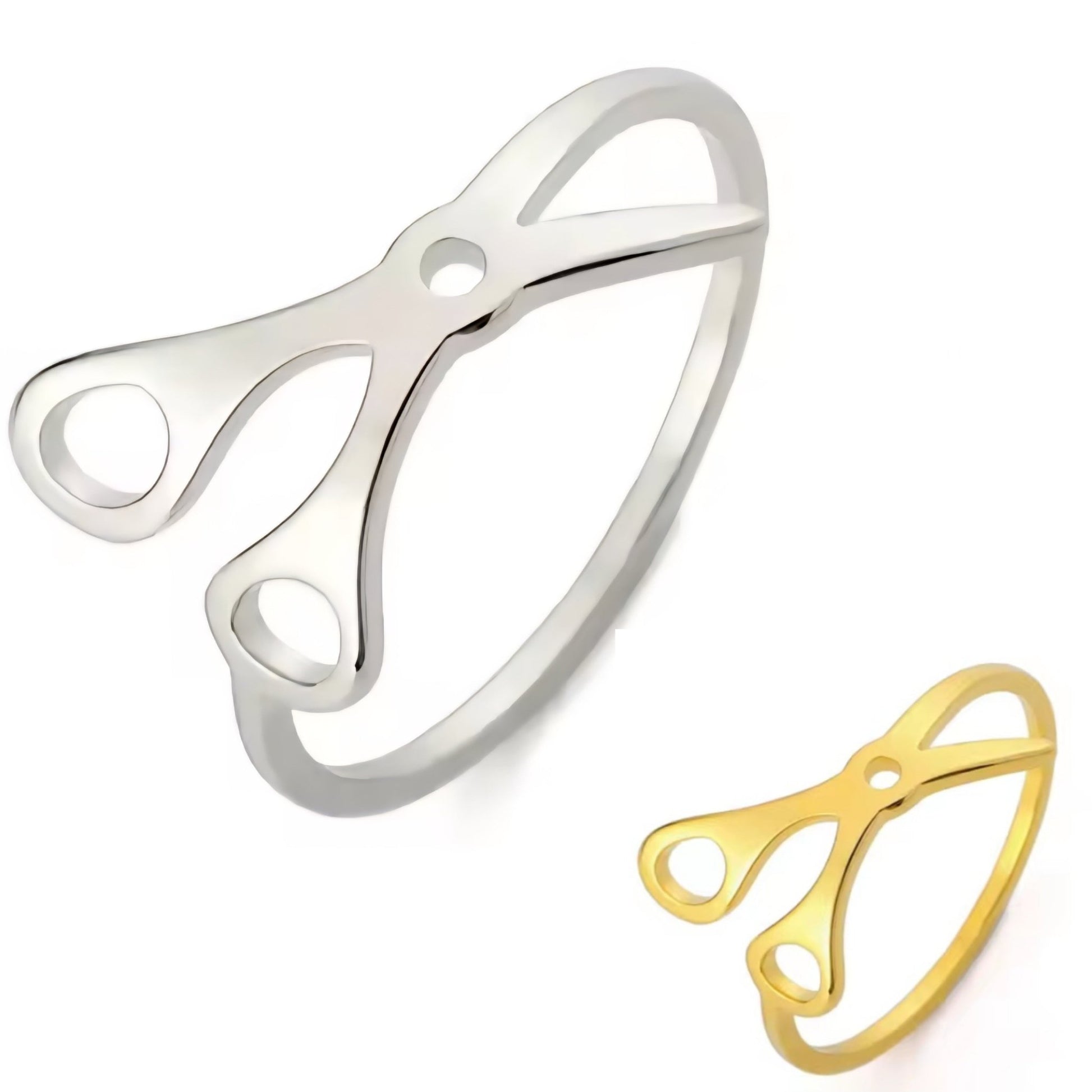 Scissor Rings, crafted from stainless steel in silver and gold, feature an open scissor design and are shown on a white background—perfect as stylish sapphic pride accessories.