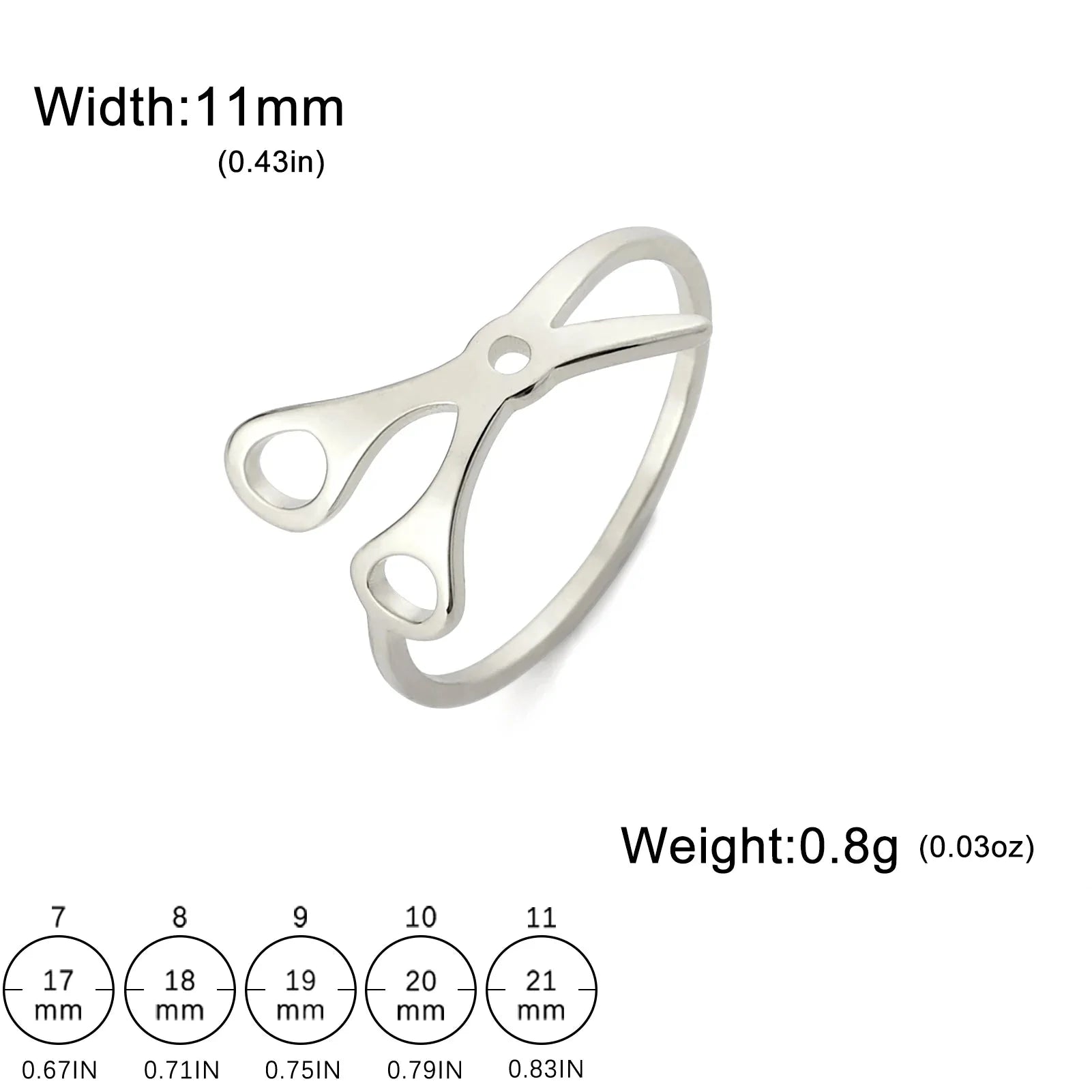 Scissor Ring, shaped like scissors, is 11mm wide, weighs 0.8g, and comes in sizes 7–11 with a size chart (inches & mm)—a unique sapphic pride accessory.