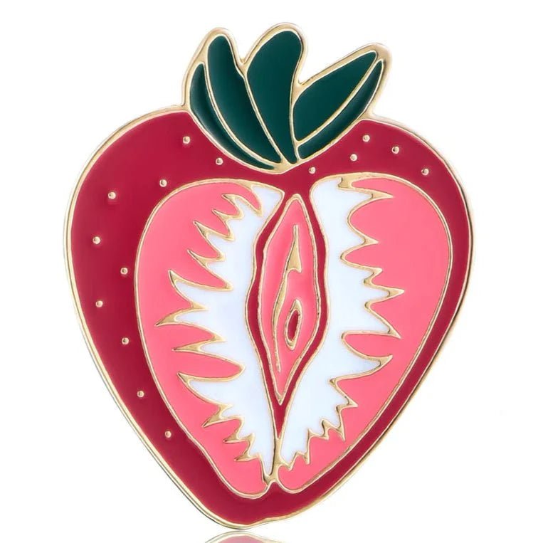 Strawberry Vulva enamel pin features red, pink, white, and green with gold outlining—a bold, feminist, body-positive accessory celebrating sapphic WLW lesbian diversity.